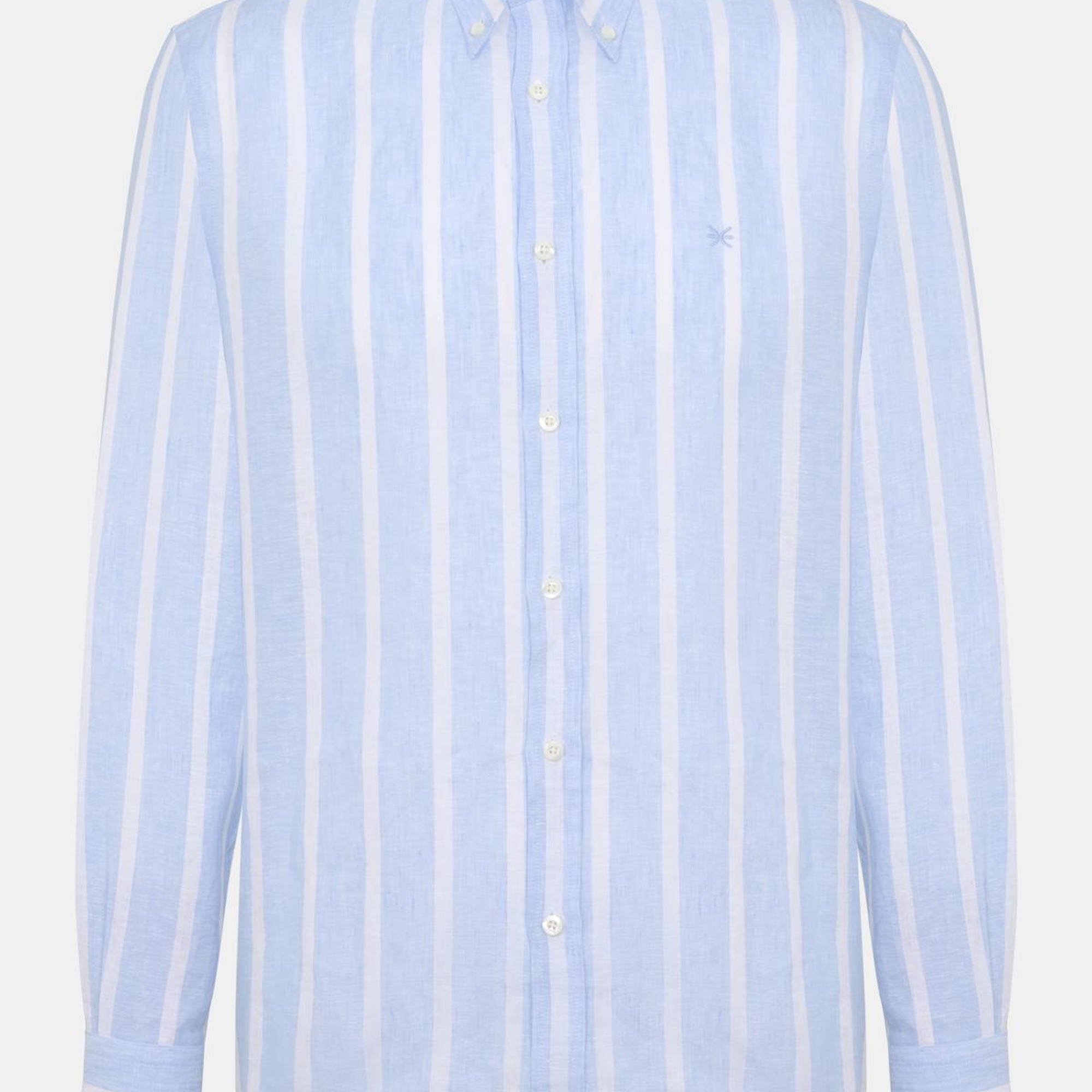 Erkek Mavi Cooper Fit Düğmeli Yaka İrlanda Keten Spor Gömlek