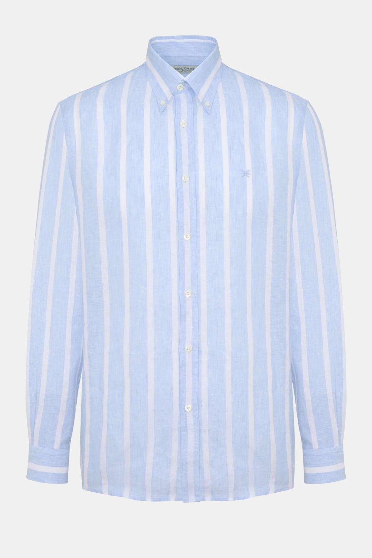  Erkek Mavi Cooper Fit Düğmeli Yaka İrlanda Keten Spor Gömlek