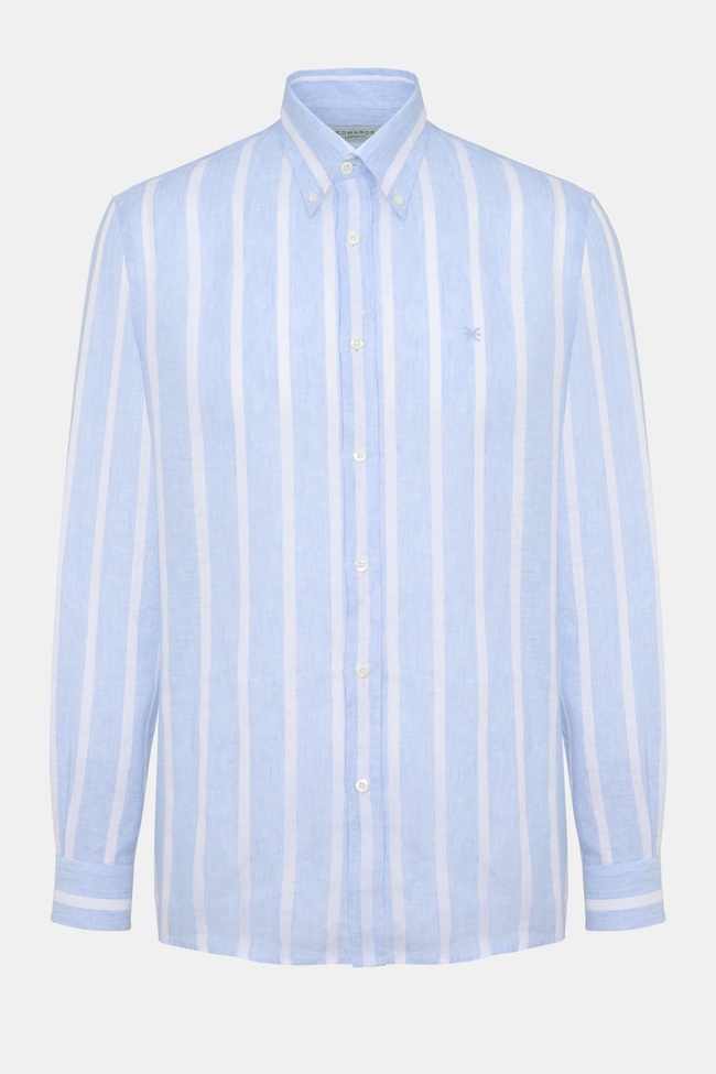  Erkek Mavi Cooper Fit Düğmeli Yaka İrlanda Keten Spor Gömlek