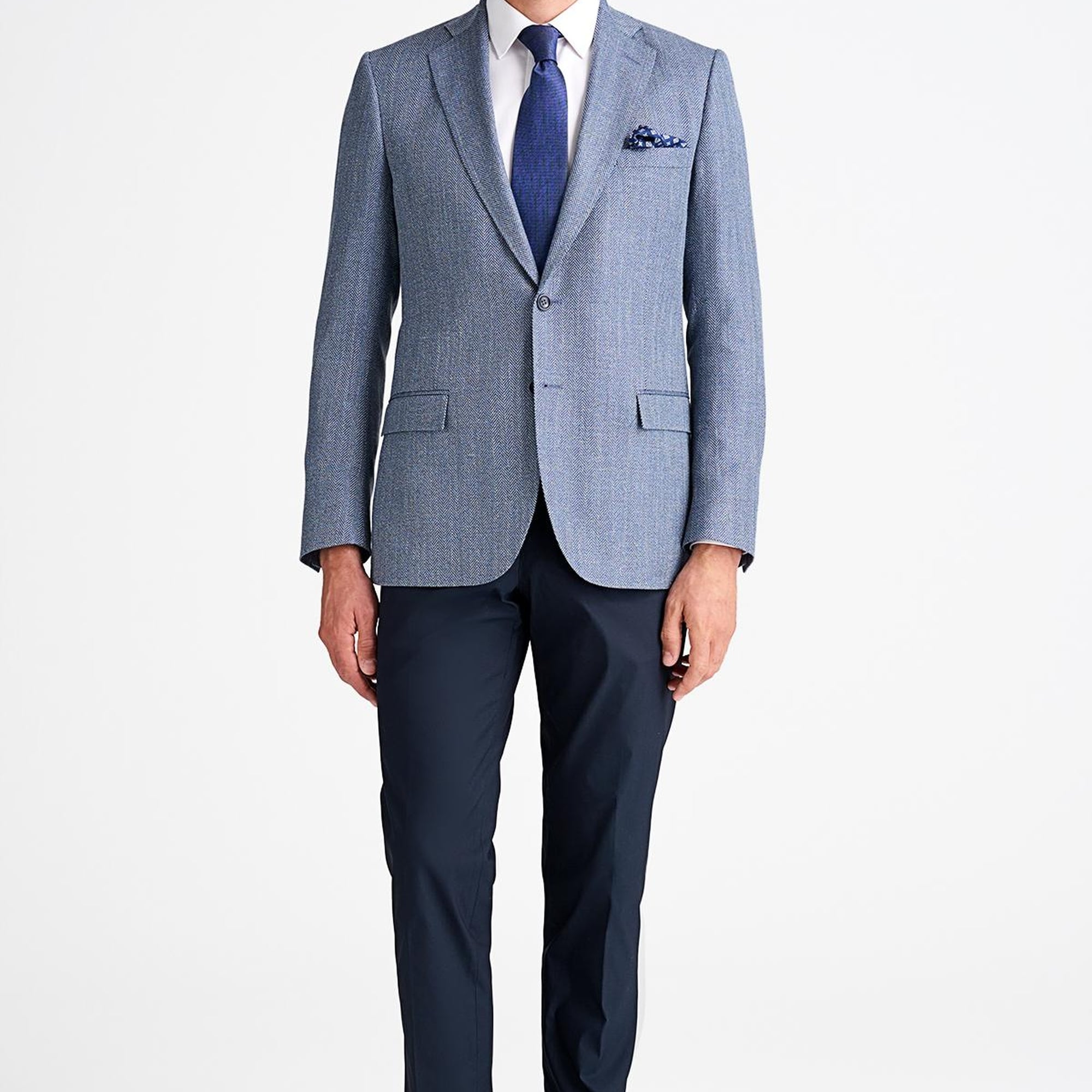 Erkek Mavi Loro Piana Kumaşıyla Üretilmiş Yün Keten İpek Karışımlı Ceket