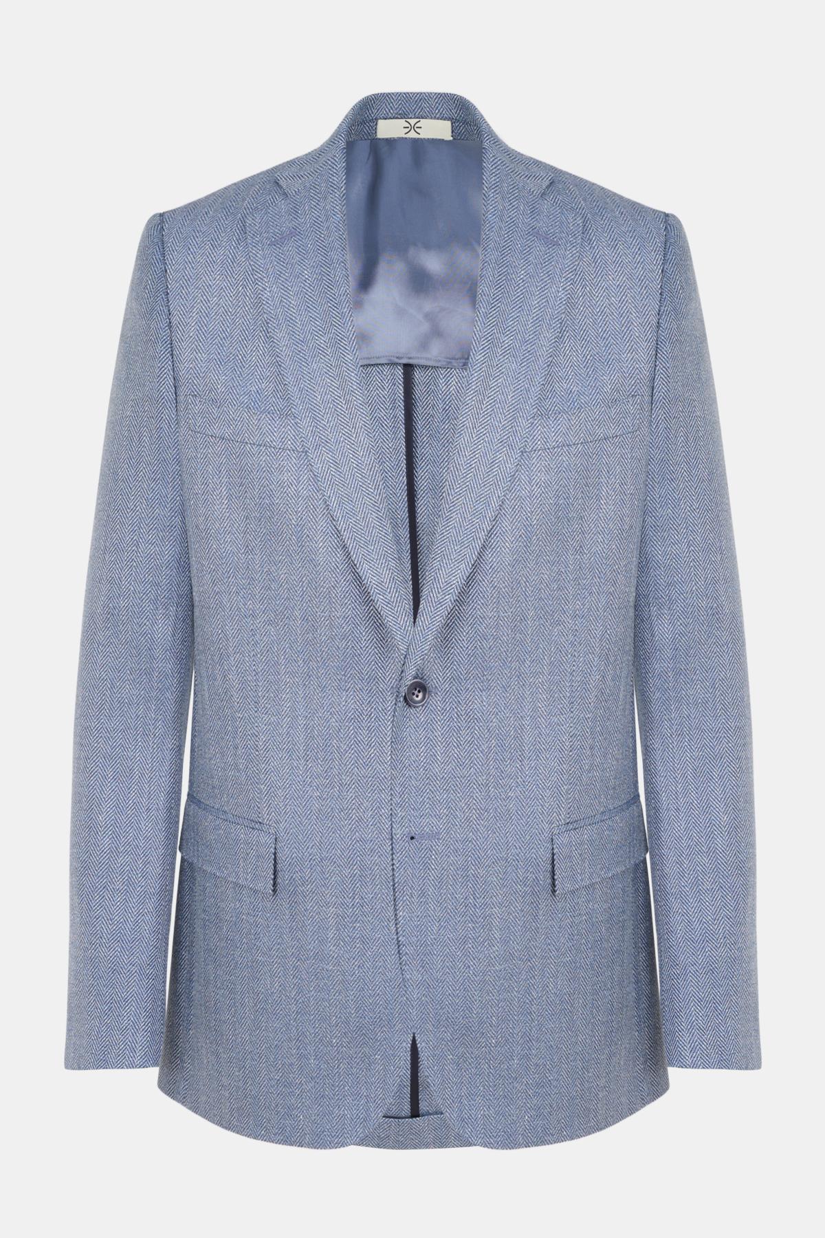  Erkek Mavi Loro Piana Kumaşıyla Üretilmiş Yün Keten İpek Karışımlı Ceket