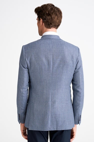  Erkek Mavi Loro Piana Kumaşıyla Üretilmiş Yün Keten İpek Karışımlı Ceket