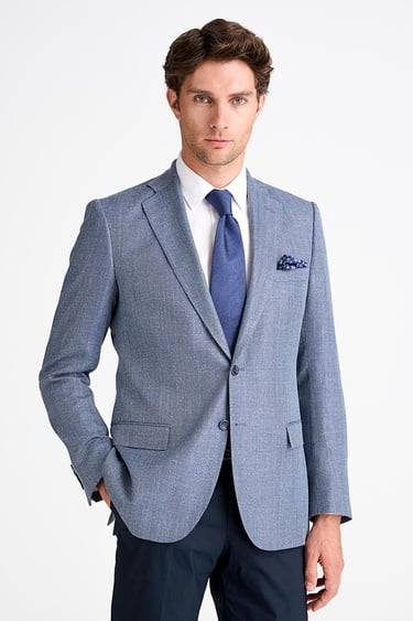  Erkek Mavi Loro Piana Kumaşıyla Üretilmiş Yün Keten İpek Karışımlı Ceket