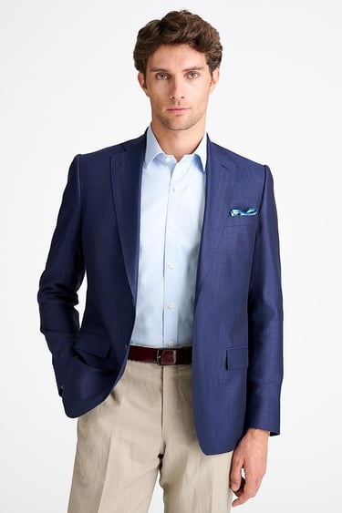  Erkek Lacivert Loro Piana Kumaşıyla Üretilmiş Yün İpek Keten Karışımlı Ceket