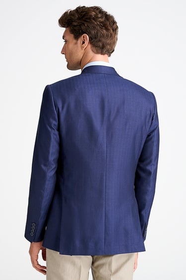  Erkek Lacivert Loro Piana Kumaşıyla Üretilmiş Yün İpek Keten Karışımlı Ceket