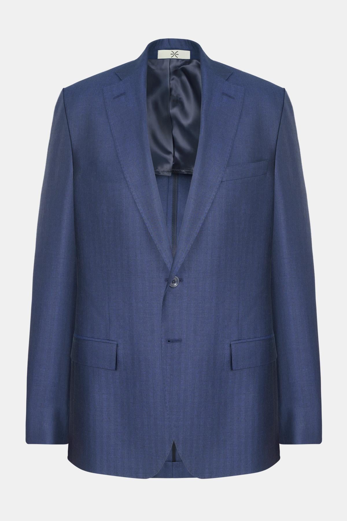  Erkek Lacivert Loro Piana Kumaşıyla Üretilmiş Yün İpek Keten Karışımlı Ceket