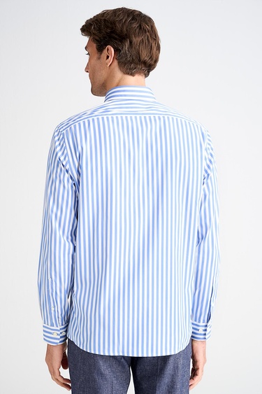  Erkek Mavi Cooper Fit Düğmeli Yaka Çizgili Spor Gömlek