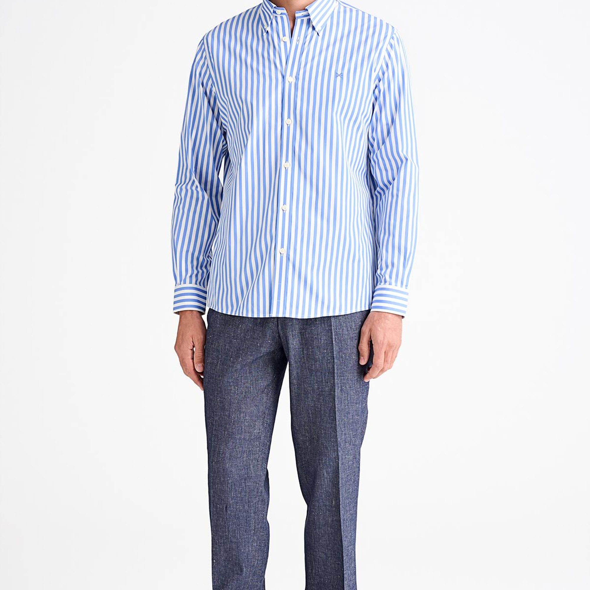 Erkek Mavi Cooper Fit Düğmeli Yaka Çizgili Spor Gömlek