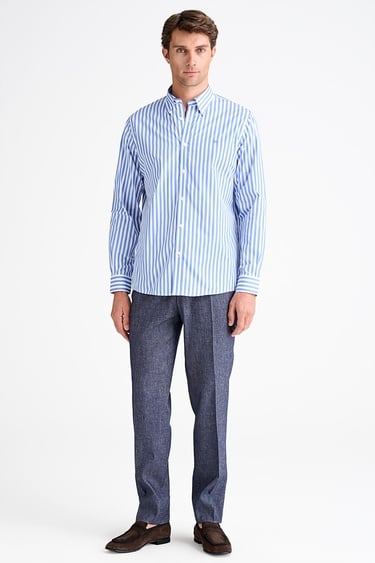  Erkek Mavi Cooper Fit Düğmeli Yaka Çizgili Spor Gömlek