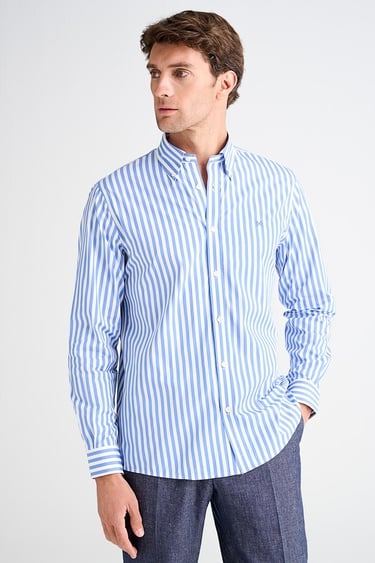  Erkek Mavi Cooper Fit Düğmeli Yaka Çizgili Spor Gömlek