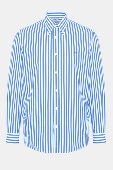  Erkek Mavi Cooper Fit Düğmeli Yaka Çizgili Spor Gömlek