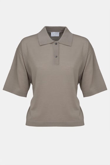  Kadın Bej Yün Kısa Kollu Polo Yaka Kazak