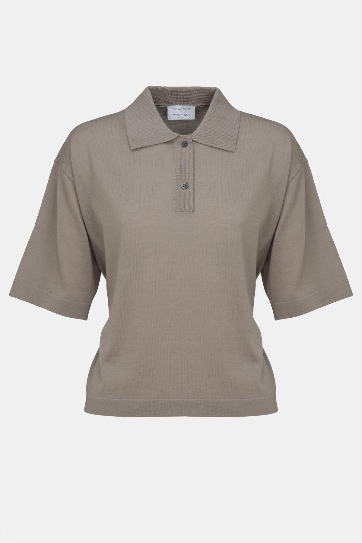  Kadın Bej Yün Kısa Kollu Polo Yaka Kazak