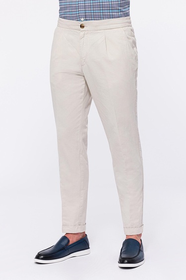  Erkek Bej Beli Lastikli Bağcıklı Keten Pantolon