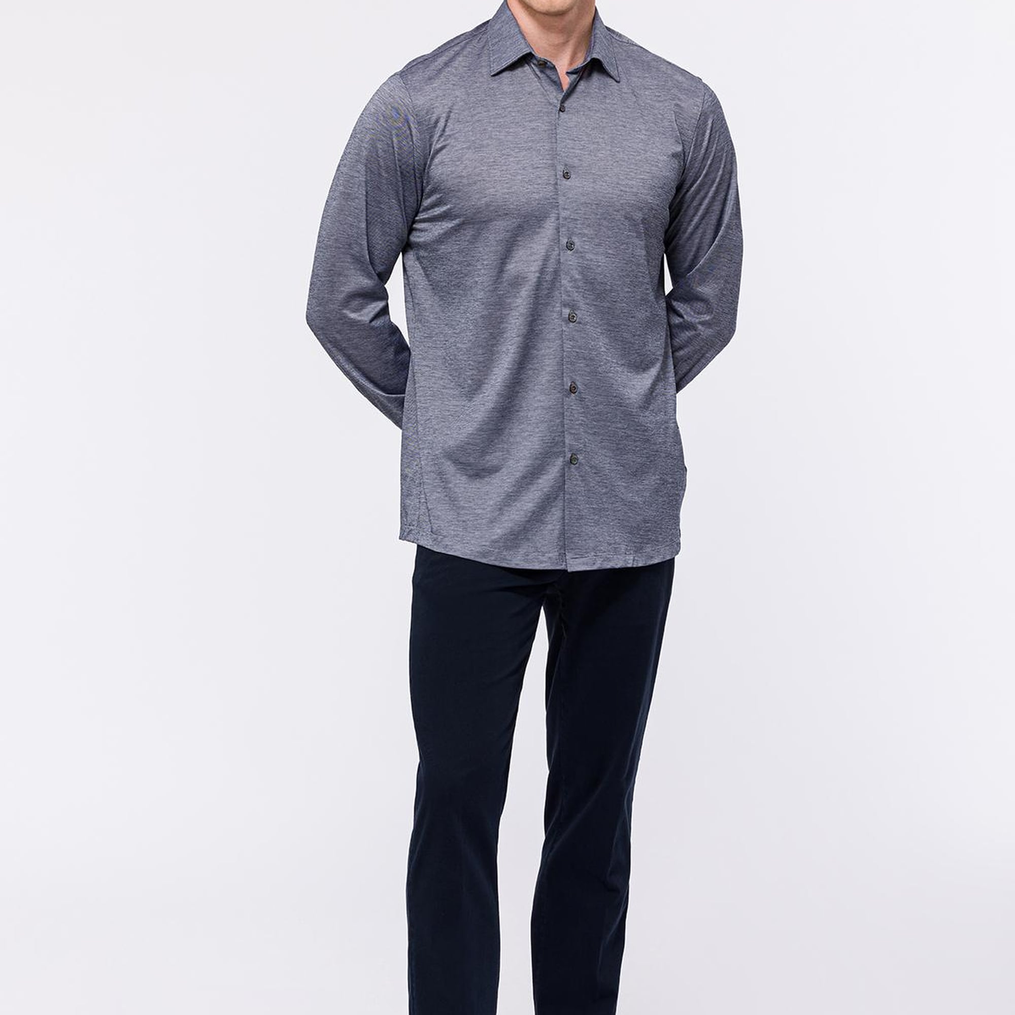 Erkek Gri Cooper Fit Düğmeli Yaka Jersey Gömlek