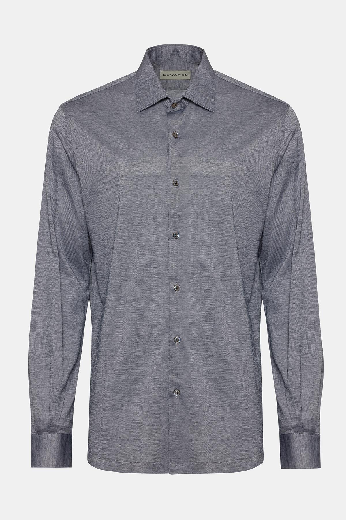  Erkek Gri Cooper Fit Düğmeli Yaka Jersey Gömlek