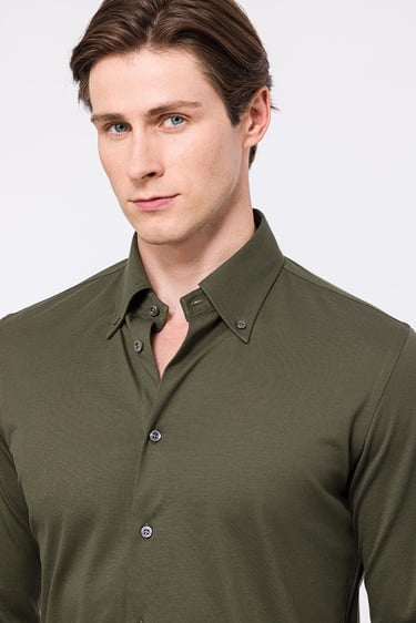  Erkek Yeşil Cooper Fit Düğmeli Yaka Pike Gömlek