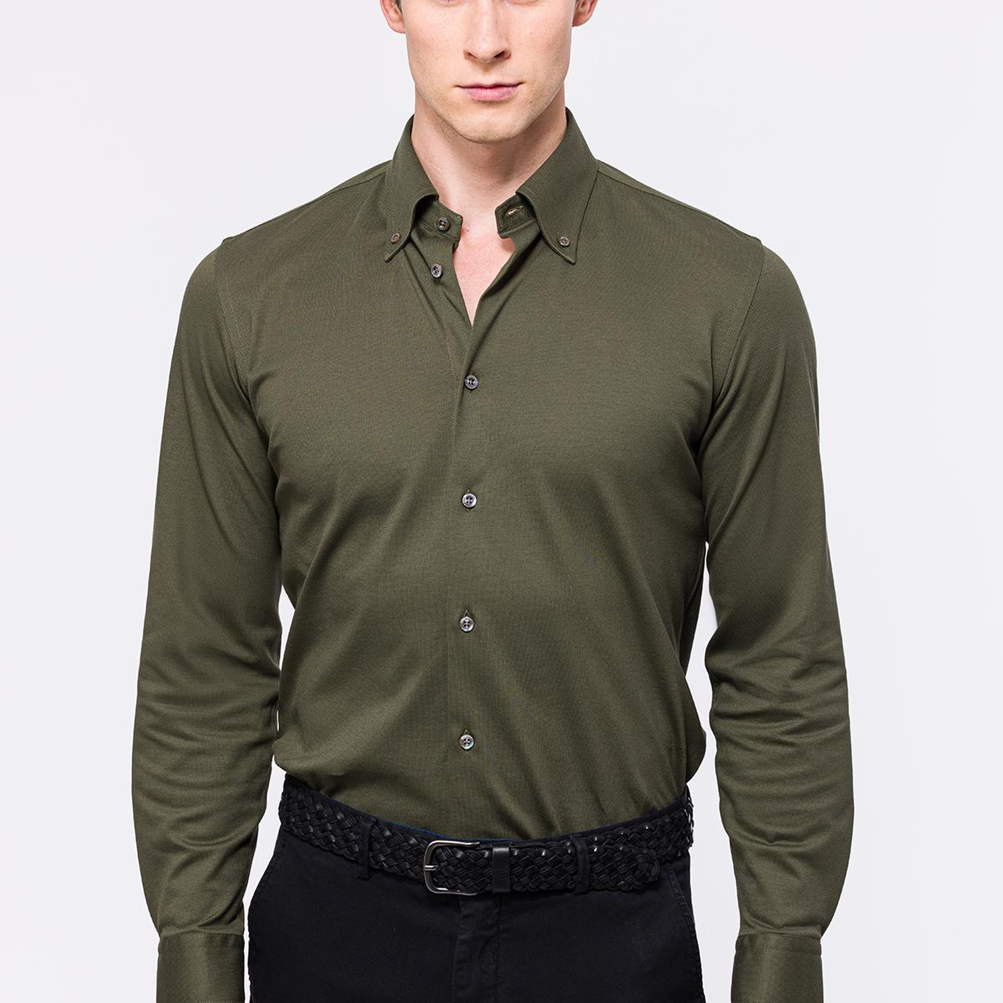 Erkek Yeşil Cooper Fit Düğmeli Yaka Pike Gömlek