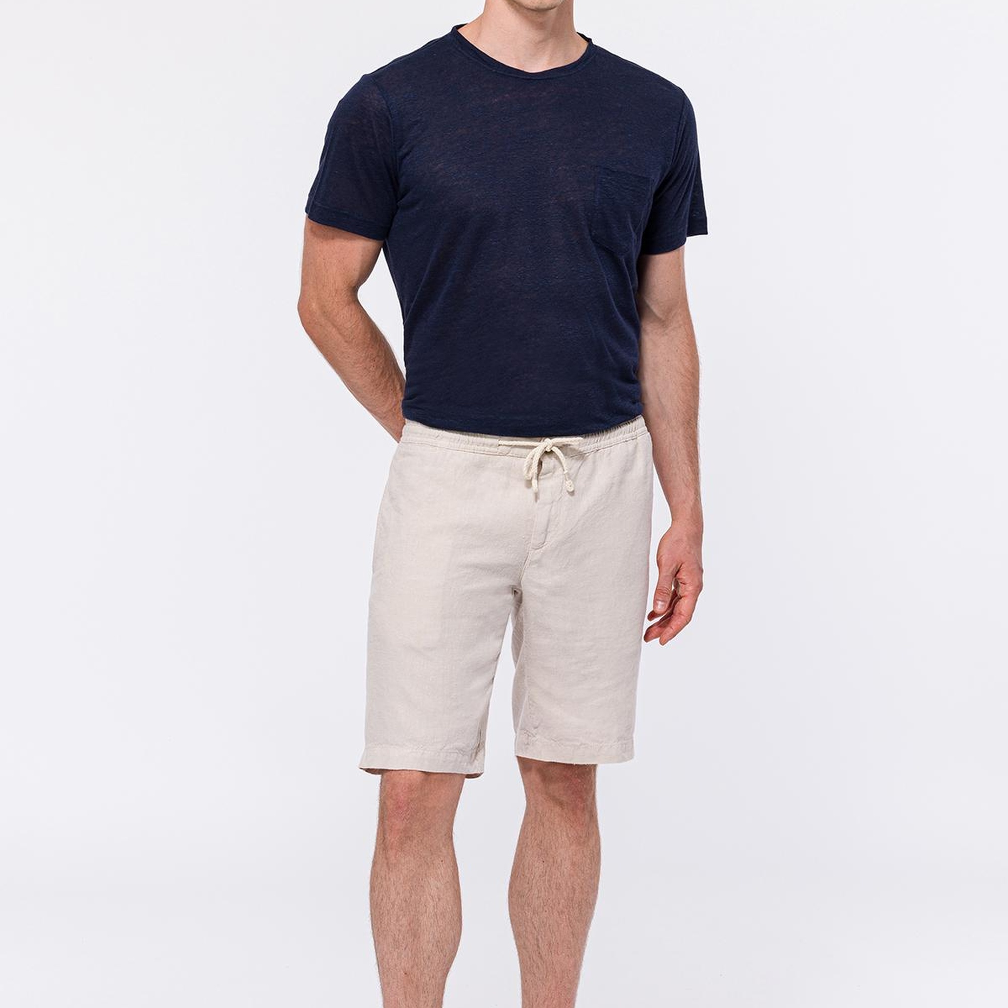 Erkek Bej Beli Lastikli Bağcıklı Keten Şort