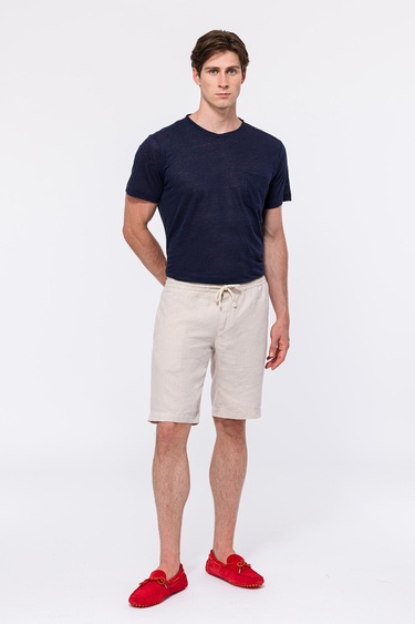  Erkek Bej Beli Lastikli Bağcıklı Keten Şort