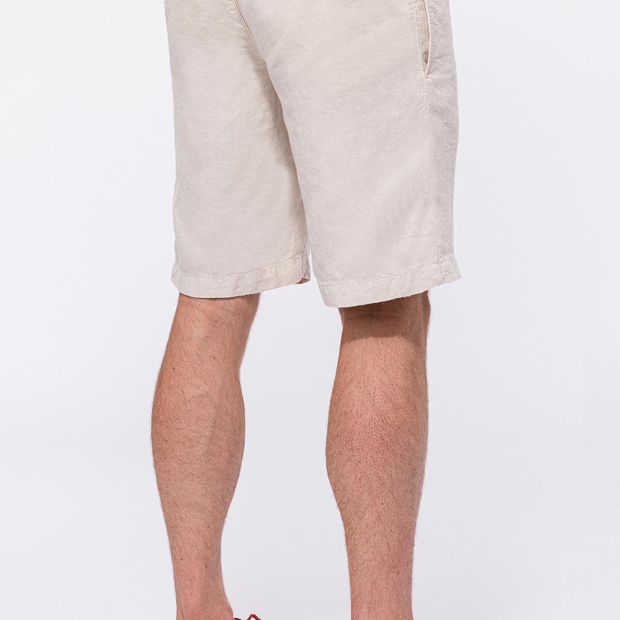 Erkek Bej Beli Lastikli Bağcıklı Keten Şort