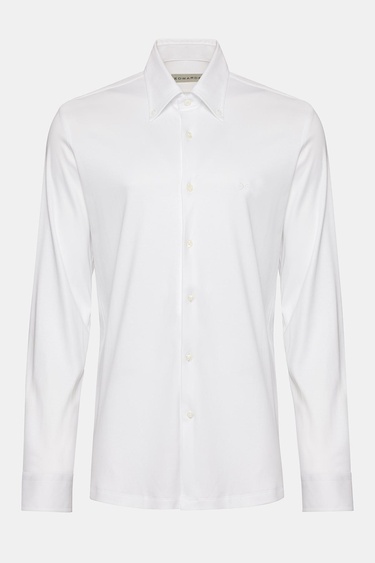  Erkek Beyaz Cooper Fit Düğmeli Yaka İnterlock Gömlek