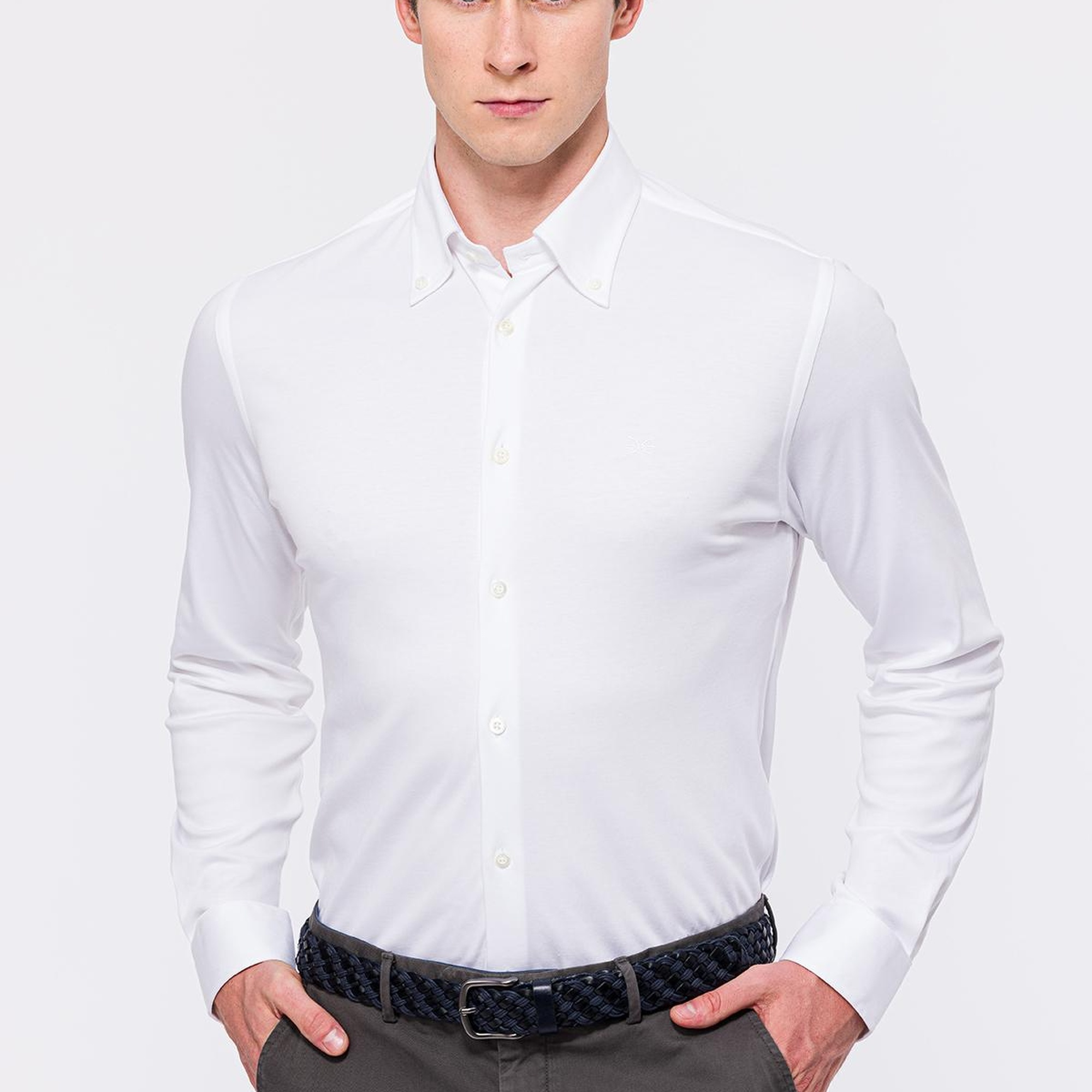 Erkek Beyaz Cooper Fit Düğmeli Yaka İnterlock Gömlek