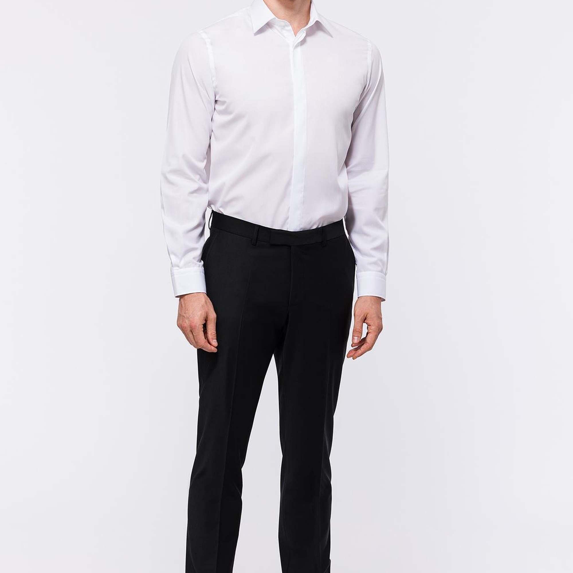 Erkek Beyaz Cooper Fit Kravat Yaka Gizli Patlı Smokin Gömleği