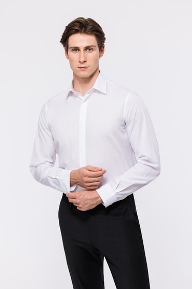  Erkek Beyaz Cooper Fit Kravat Yaka Gizli Patlı Smokin Gömleği