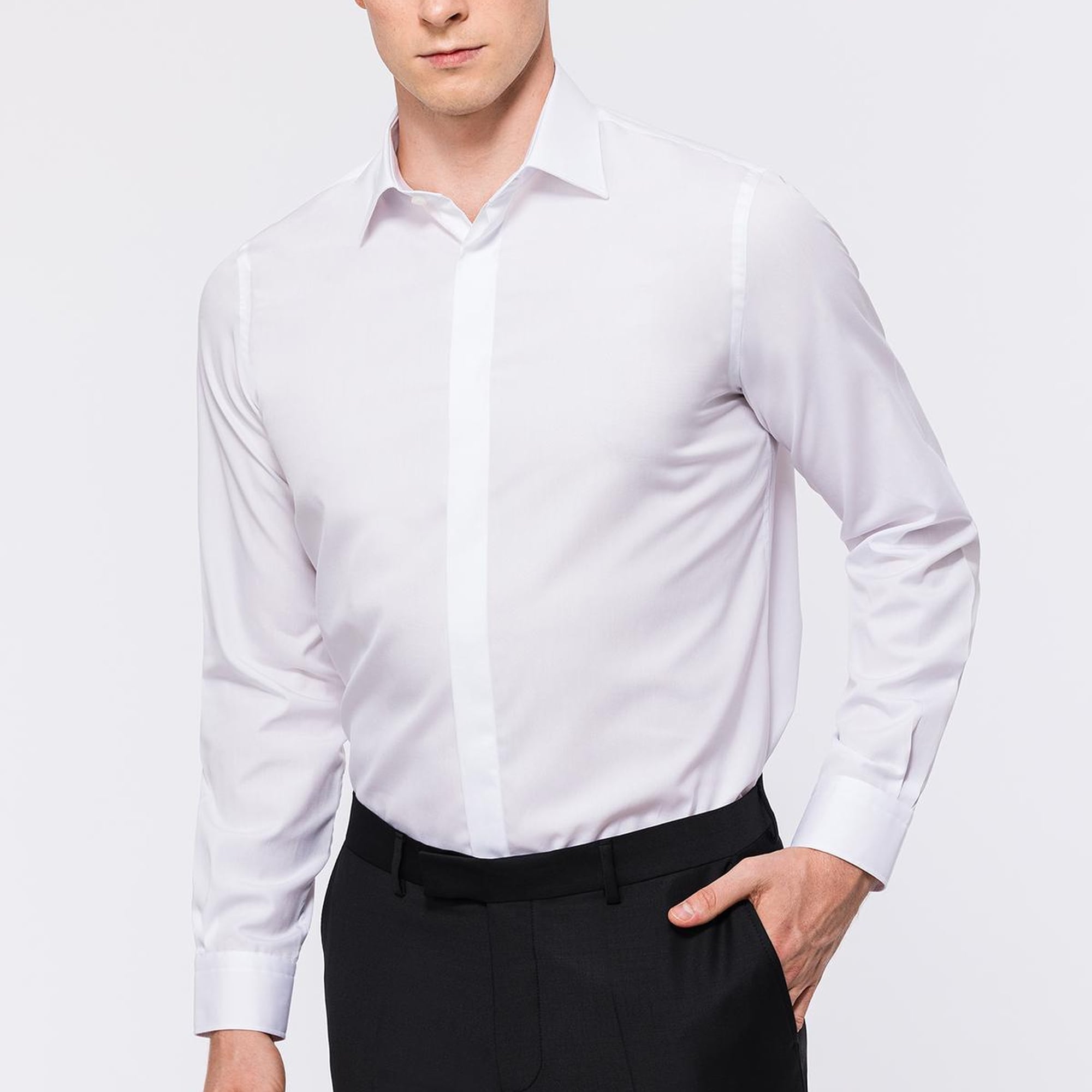 Erkek Beyaz Cooper Fit Kravat Yaka Gizli Patlı Smokin Gömleği