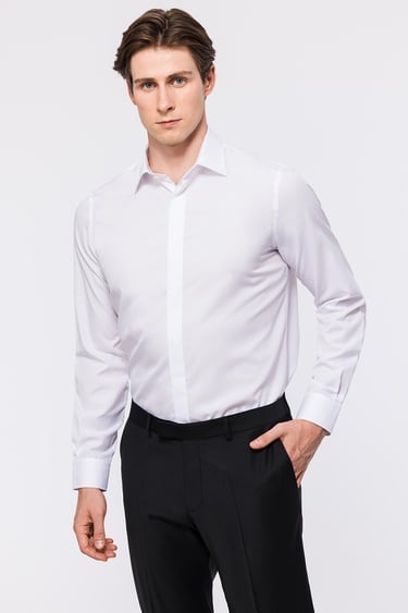  Erkek Beyaz Cooper Fit Kravat Yaka Gizli Patlı Smokin Gömleği