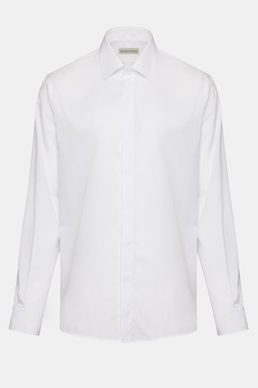  Erkek Beyaz Cooper Fit Kravat Yaka Gizli Patlı Smokin Gömleği