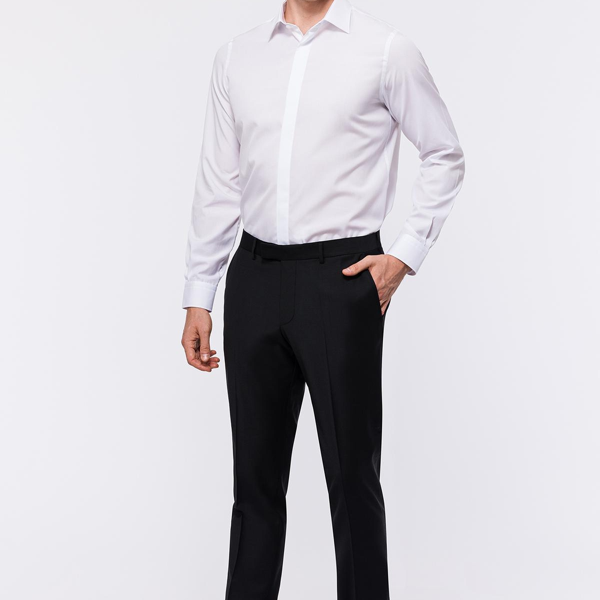 Erkek Beyaz Cooper Fit Kravat Yaka Gizli Patlı Smokin Gömleği