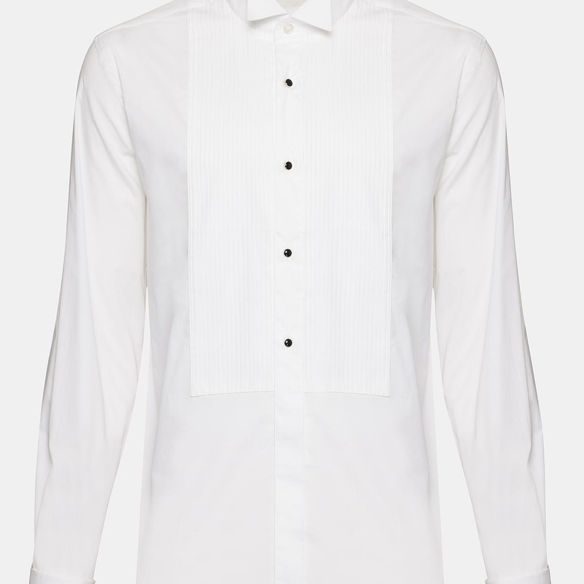 Erkek Beyaz Oliver Fit Ata Yaka Kol Düğmeli Metal Düğme Pilili Smokin Gömleği