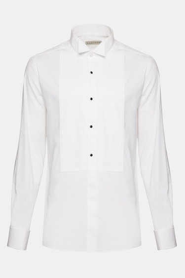  Erkek Beyaz Oliver Fit Ata Yaka Kol Düğmeli Metal Düğme Pilili Smokin Gömleği