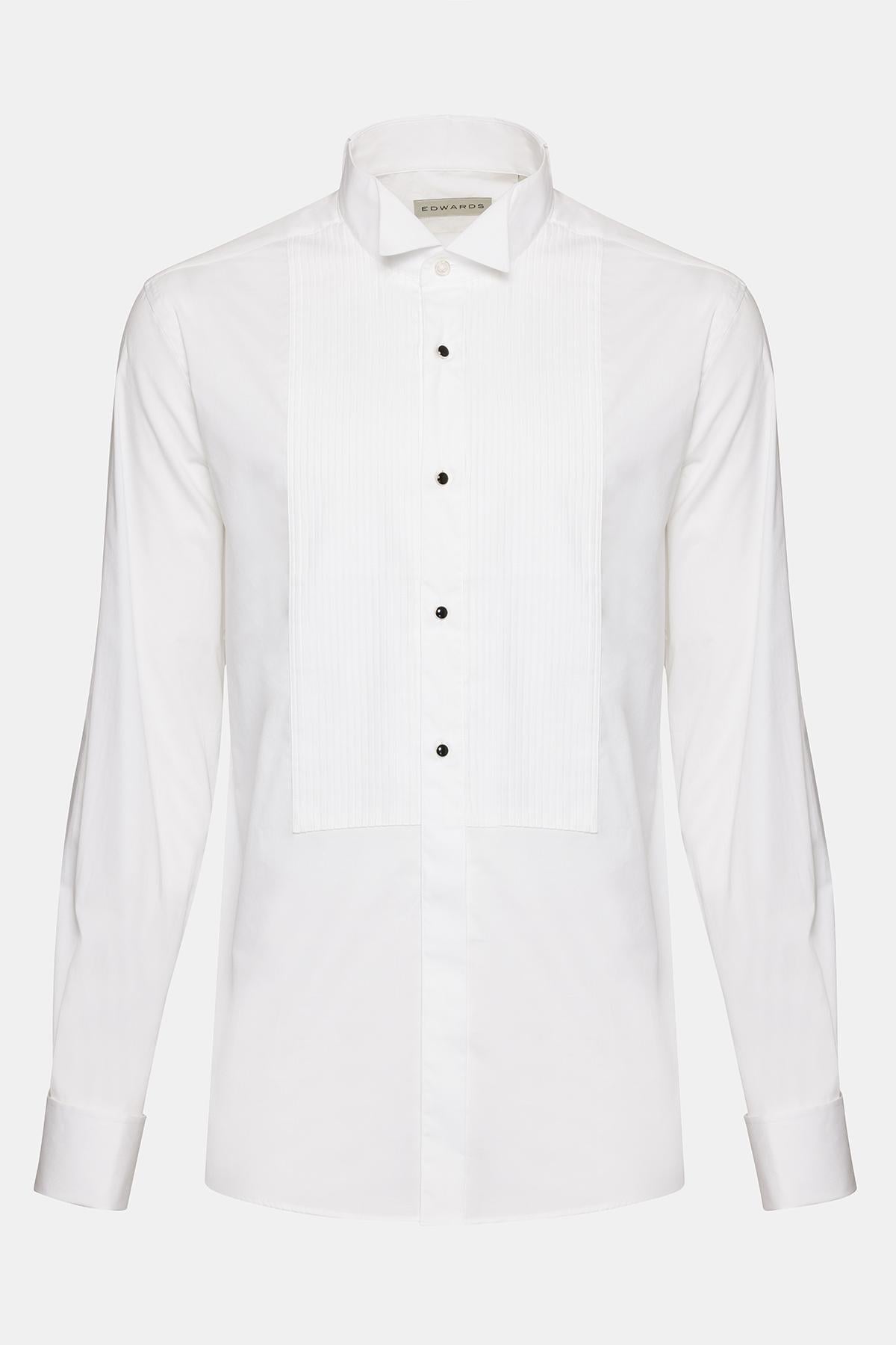  Erkek Beyaz Oliver Fit Ata Yaka Kol Düğmeli Metal Düğme Pilili Smokin Gömleği