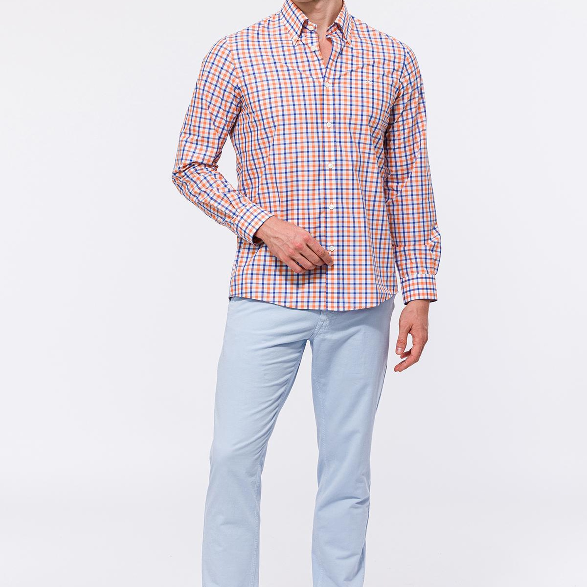 Erkek Turuncu Cooper Fit Düğmeli Yaka Ekoseli Spor Gömlek