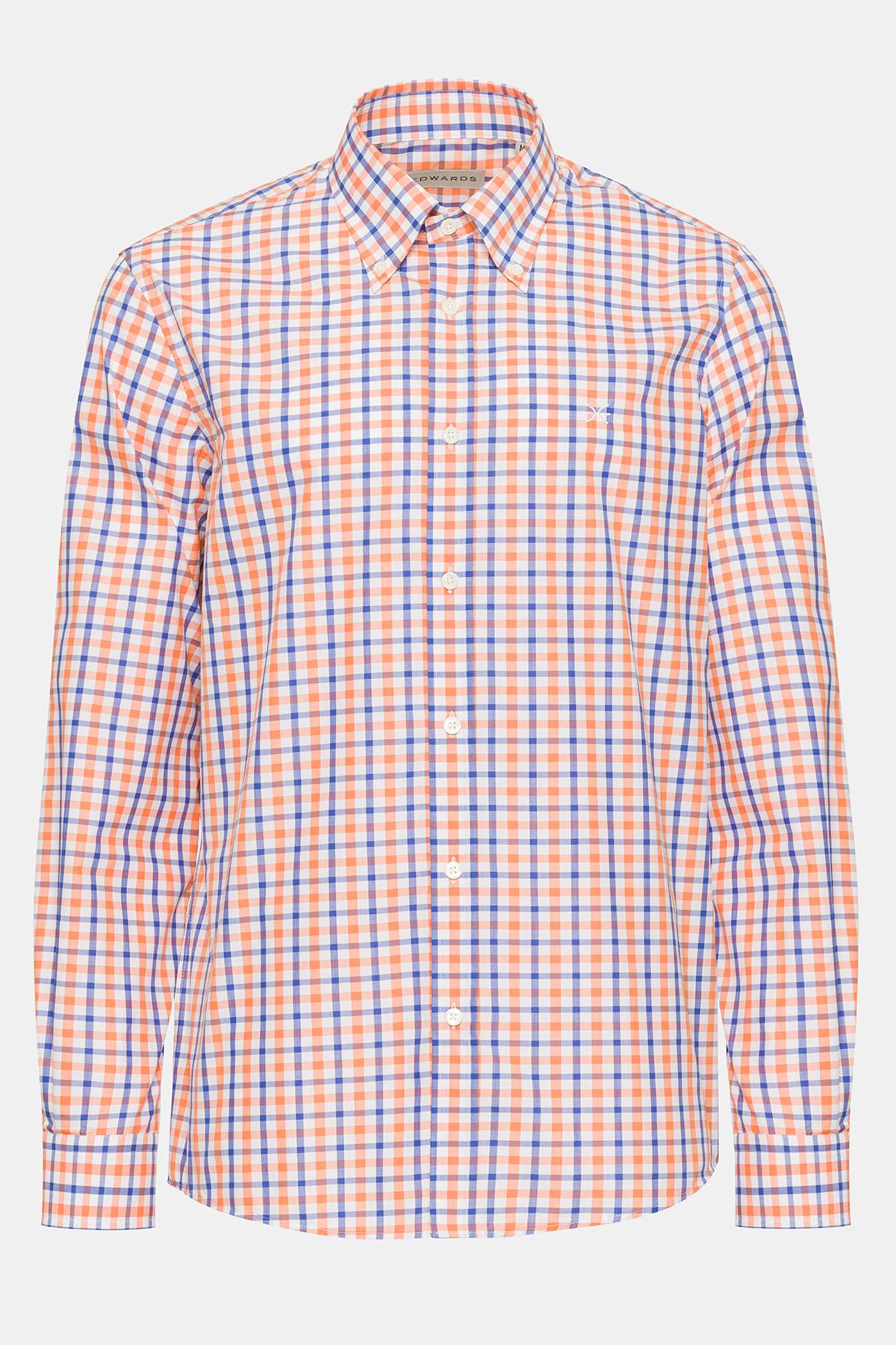  Erkek Turuncu Cooper Fit Düğmeli Yaka Ekoseli Spor Gömlek