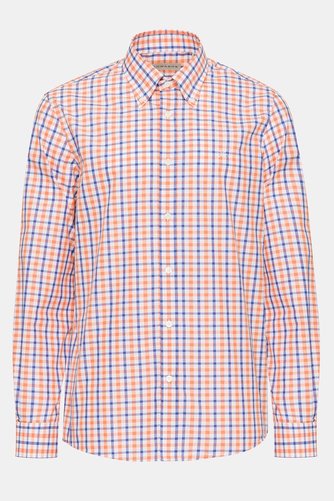  Erkek Turuncu Cooper Fit Düğmeli Yaka Ekoseli Spor Gömlek