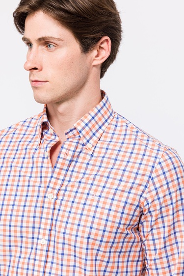  Erkek Turuncu Cooper Fit Düğmeli Yaka Ekoseli Spor Gömlek