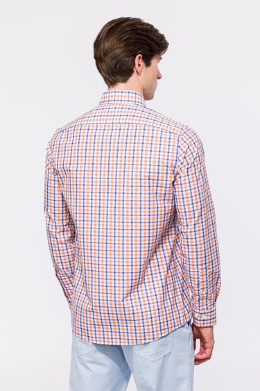  Erkek Turuncu Cooper Fit Düğmeli Yaka Ekoseli Spor Gömlek