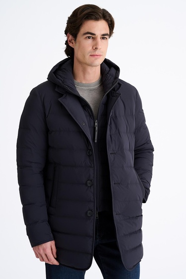  Erkek Lacivert Kapüşonlu Şişme Kaban