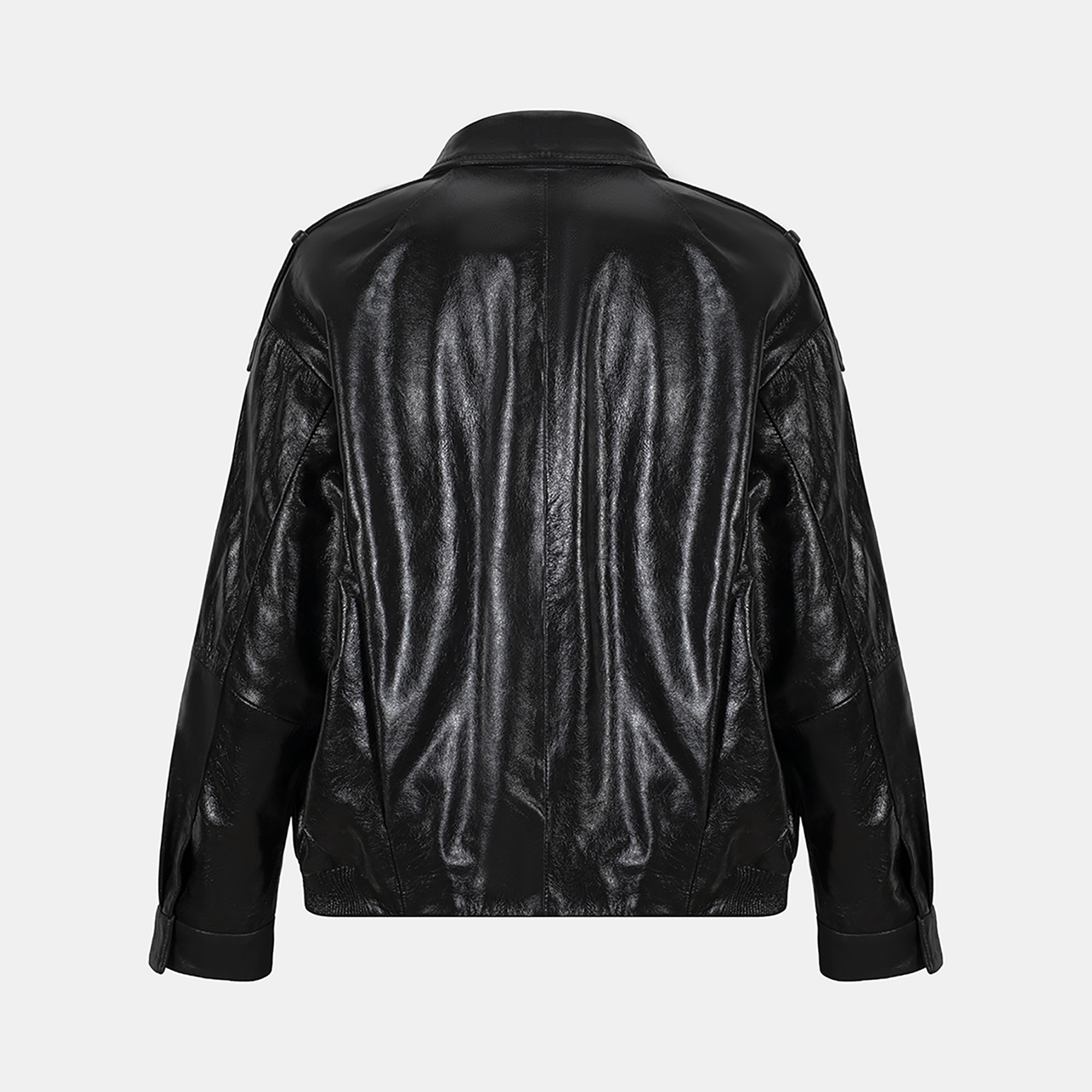 Kadın Siyah Gömlek Yakalı Deri Bomber Ceket