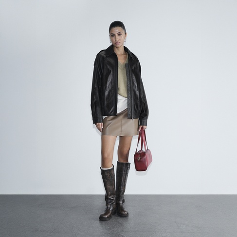  Kadın Siyah Gömlek Yakalı Deri Bomber Ceket