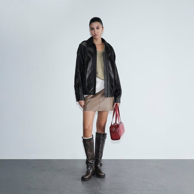  Kadın Siyah Gömlek Yakalı Deri Bomber Ceket