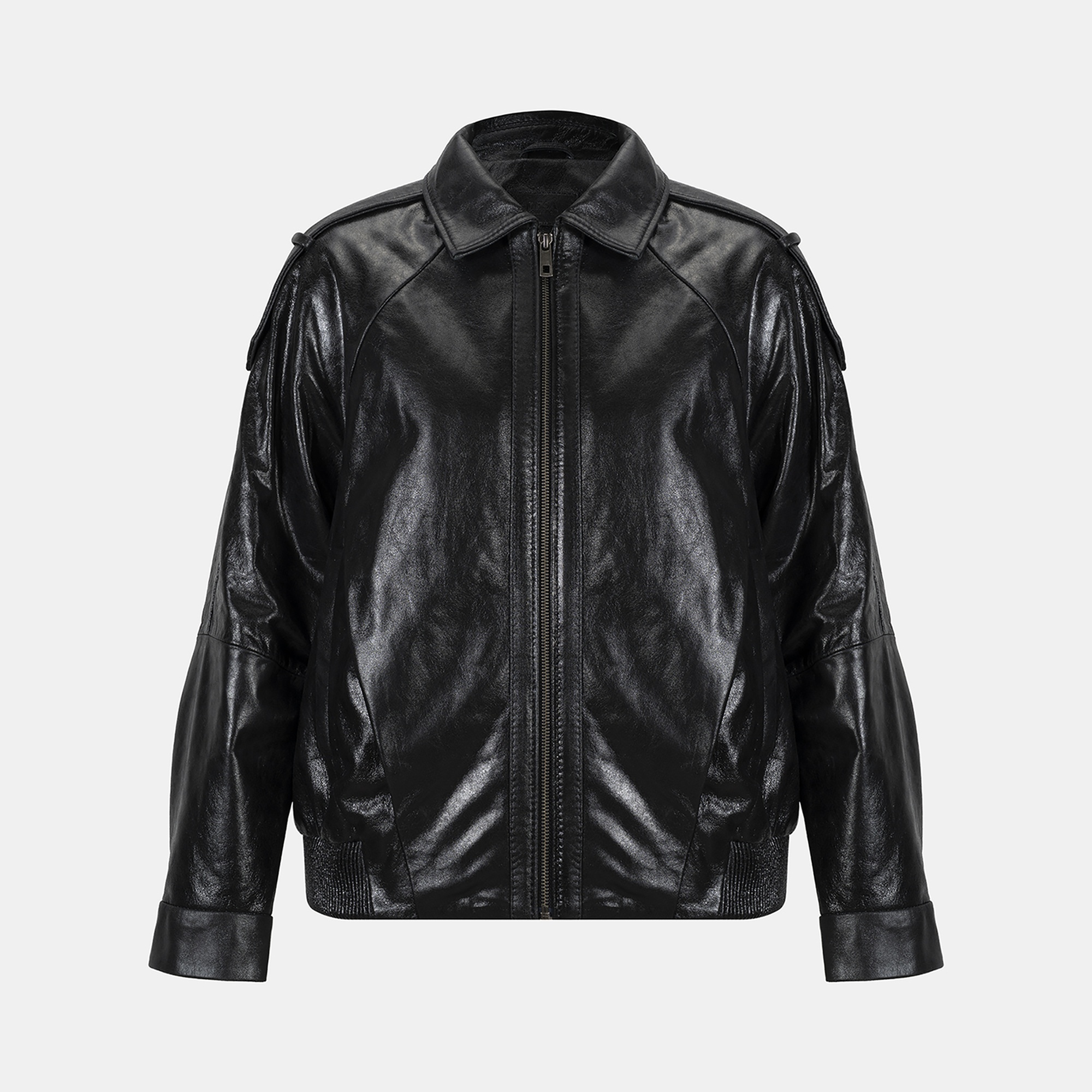 Kadın Siyah Gömlek Yakalı Deri Bomber Ceket