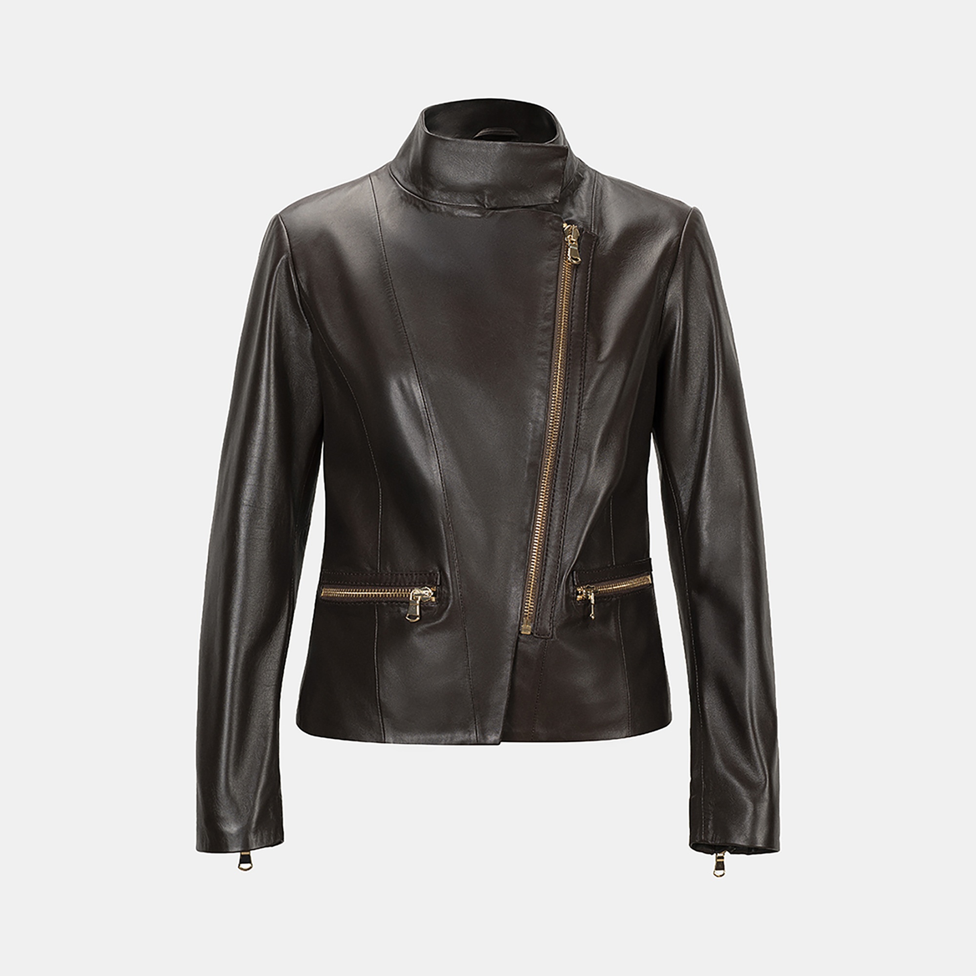 Kadın Kahve Hakim Yakalı Fit Deri Ceket