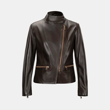  Kadın Kahve Hakim Yakalı Fit Deri Ceket