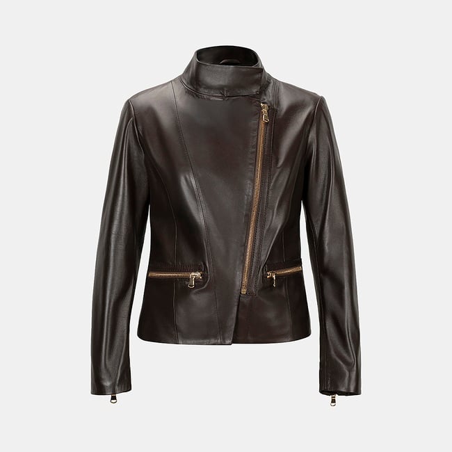  Kadın Kahve Hakim Yakalı Fit Deri Ceket