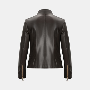  Kadın Kahve Hakim Yakalı Fit Deri Ceket
